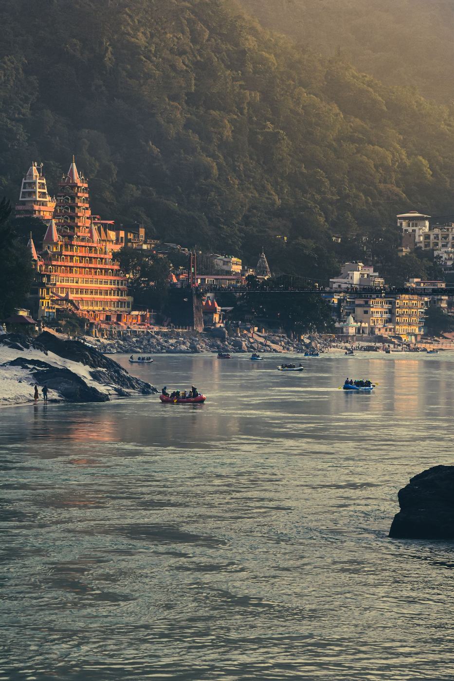 View of Rishikesh along the banks of the Ganga at sunset